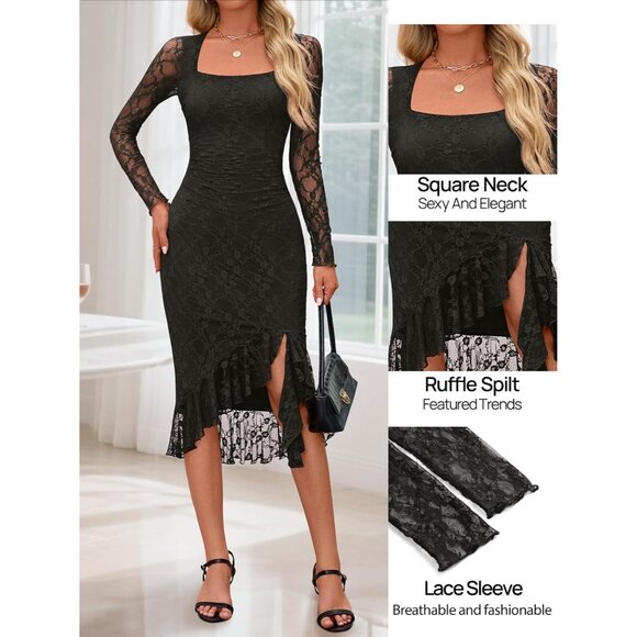 Women's Lace Bodycon Dress Long Sleeve Square Neck Ruffle Hem for Wedding and Pa - Picture 6 of 8